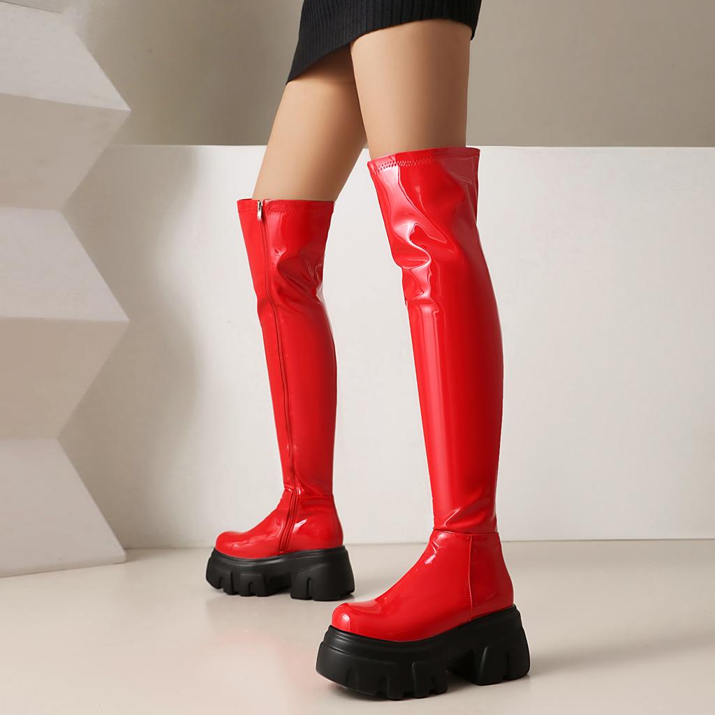 Dámské platformové kozačky nad koleno s robustním podpatkem, strečové dlouhé bojové kotníkové boty z lakované kůže
