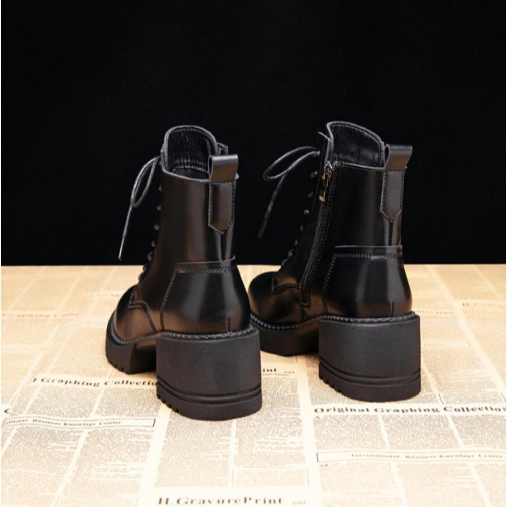 Leather Platform Boots Women'S  New British Style High-Heeled Short Boots Autumn And Winter Velvet Womens Shoes Ankle Bootie