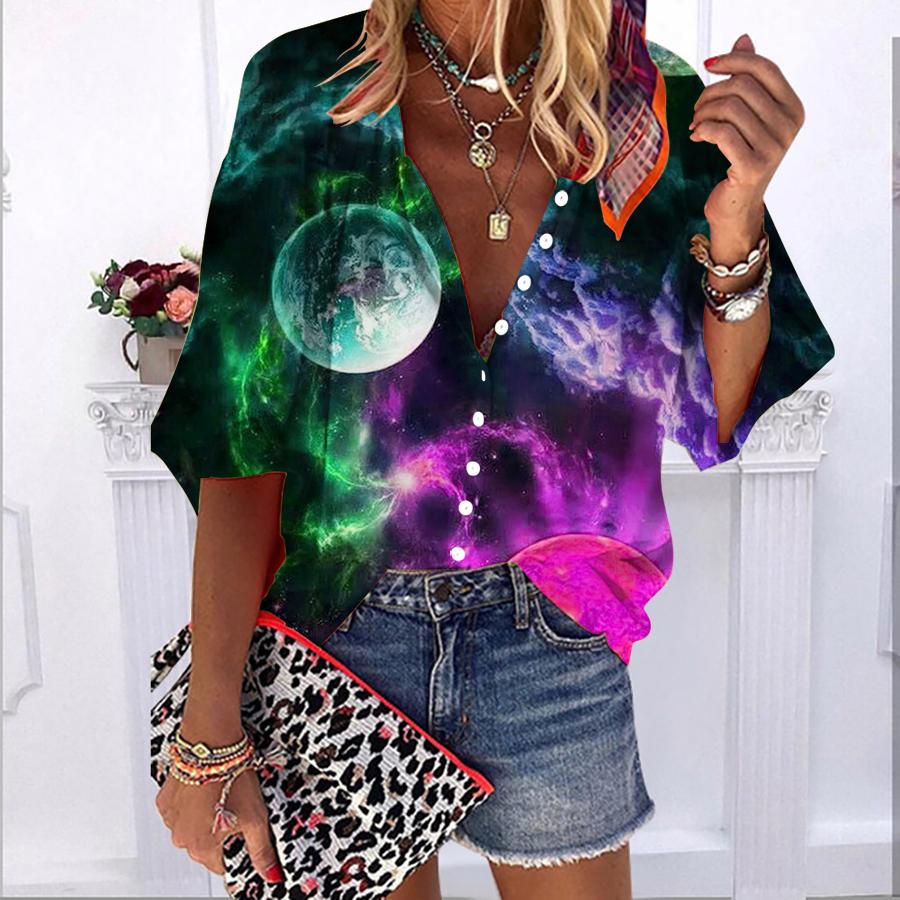 

2023 літо-осень, нова мода для жінок, повсякденна сорочка на ґудзиках із принтом із кришталевою землею та рукавами-бульбашками. XS рожевий