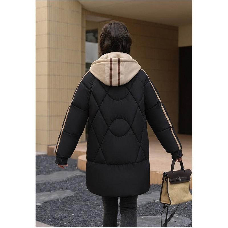 Χαλαρό Ζεστό Χειμωνιάτικο Πουπουλένιο Βαμβακερό Παλτό Γυναικείο Μακρύ Μπουφάν με Γέμιση Ψεύτικο Δύο Κομματιών Χοντρό Χειμωνιάτικο Παλτό