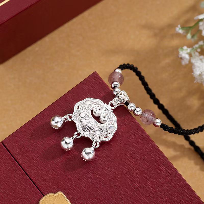 Ping An Fu Longevity Lock Necklace: Strawberry Crystal & Bodhi Beads, New Chinese Ethnic Clavicle Chain for Attracting Wealth
