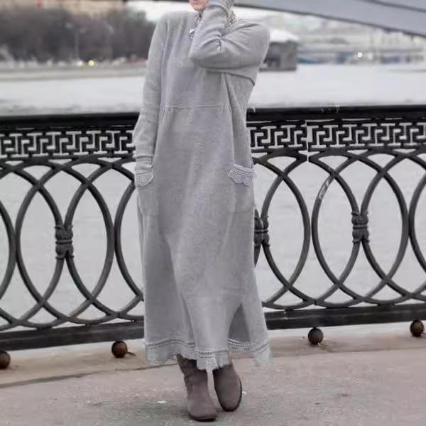 Solid Color Round Neck Loose Lace Plus Size Knitted Pullover Dress