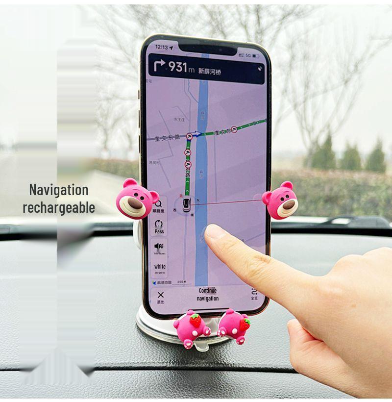 Strawberry Bear Magnetic Car Phone Holder with Firm Suction - Cute Interior Navigation Accessory