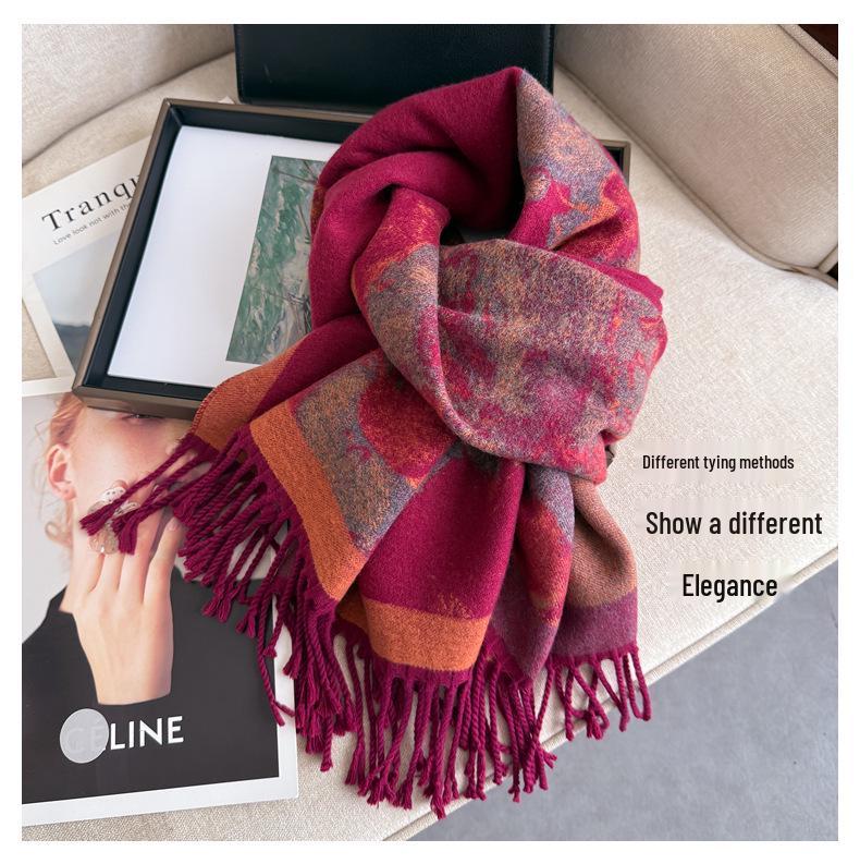 Elegant Ethnic Style Double-Sided Scarf – Women's Soft, Thick, Warm Shawl for Autumn & Winter