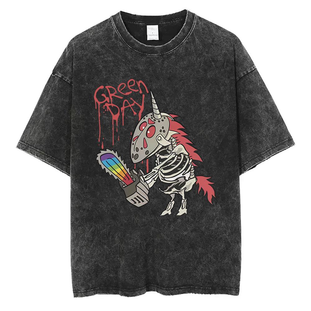 Washed Vintage Punk Band Green Day Cartoon Funny Merch Tshirt Men Women Clothing Rock Oversized T Shirts Mens Fashion Tshirts