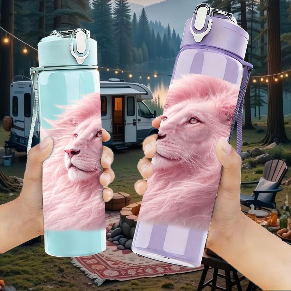 1PC Soft Fluffy Pink Lion Animal Print 750ml Color Plastic Sports Water Bottle Leakproof Flip Straw Lid Suitable for Sports Office Home Use