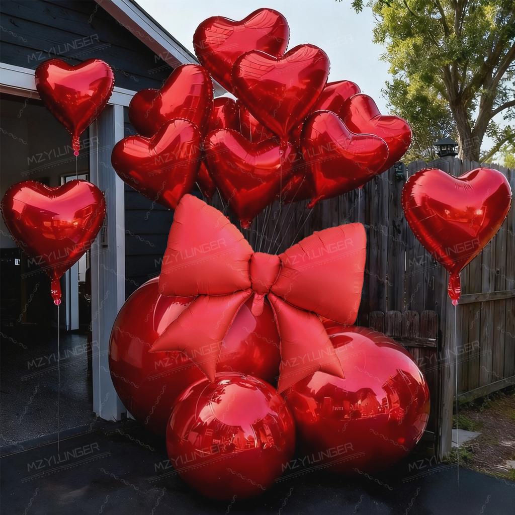 Red 4D aluminum foil balloon bow balloon and red heart balloon set for proposal, New Year's anniversary, birthday decoration