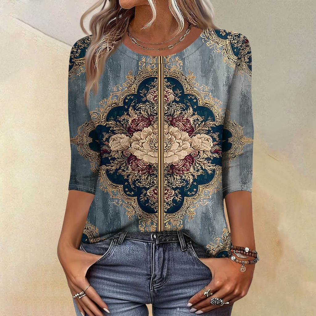 Trendy Vintage 3/4 Sleeve Top For Women,Ladies Casual Three Quarter Sleeve Round Collar Printed T-Shirt Blouse