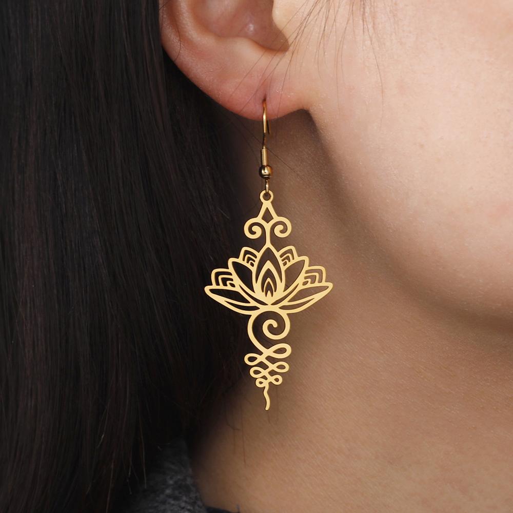 Dawapara Lotus Unalome Earrings Spiritual Shiva Yoga Symbol OM Aum Butterfly Pendant Stainless Steel Jewelry