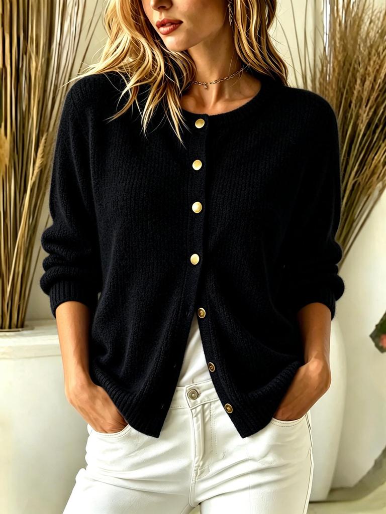 2026 Cross-Border Women's Solid Color Button Cardigan - Autumn/Winter Knitwear, Round Neck, Long Sleeve
