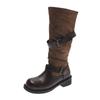 New retro belt buckle medium boots women's British style thick heel round head knight boots slim pile boots