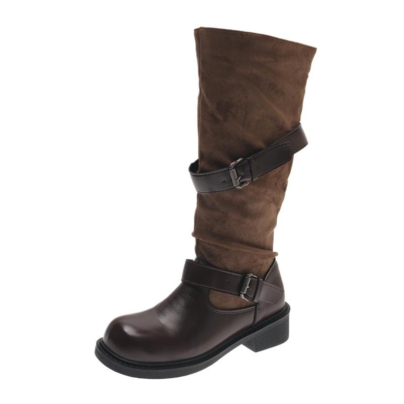 New retro belt buckle medium boots women's British style thick heel round head knight boots slim pile boots