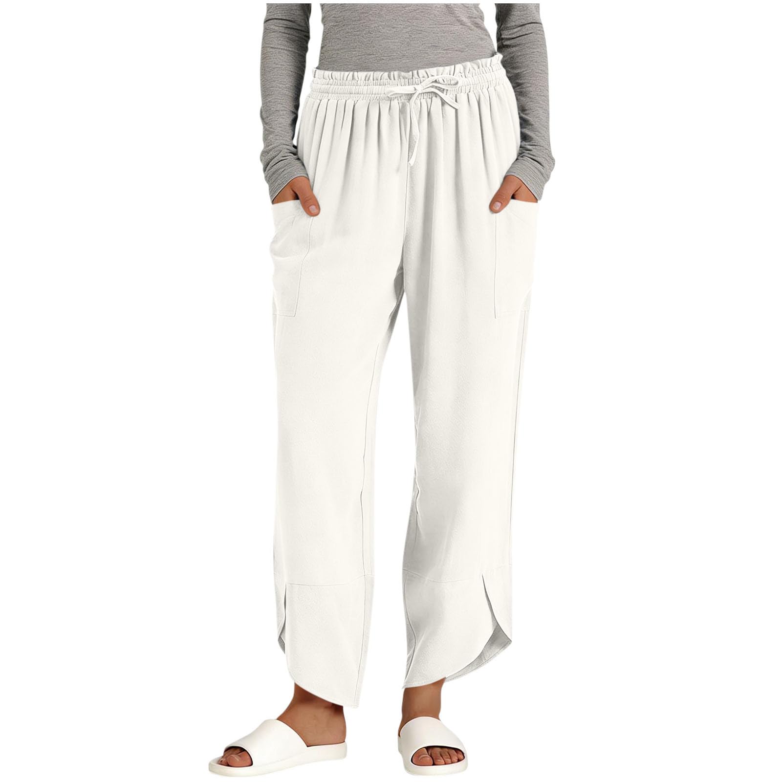 

Women s Casual And Fashionable Solid Color Loose Pants With Pocketes XL білий