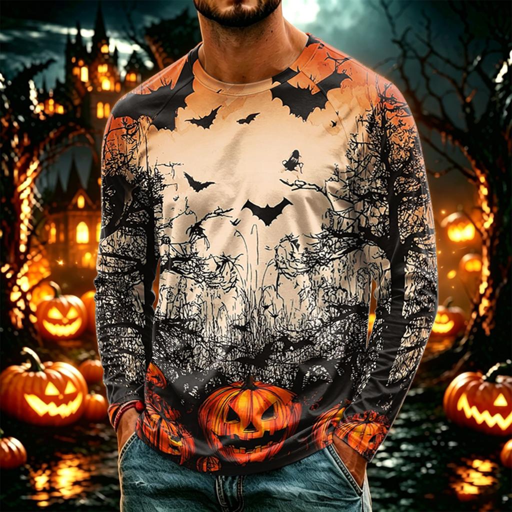 Men's Casual Long Sleeve Halloween Printed T-Shirt, Lightweight Neck Top for Daily Wear