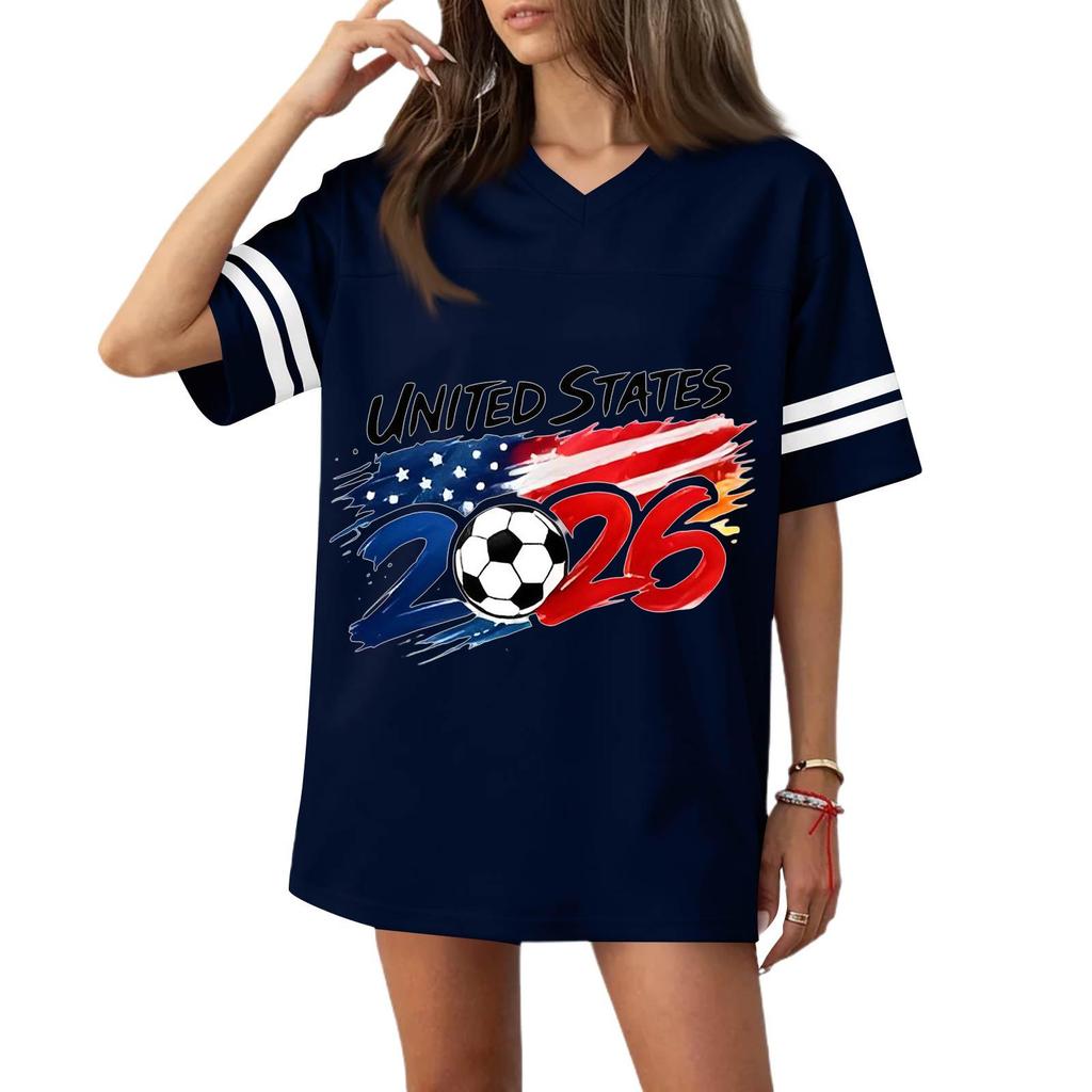 Womens V Neck Short Sleeve Soccer Graphic Tee United States Flag Print 2026 Casual Loose Fit Sports Top Shirt