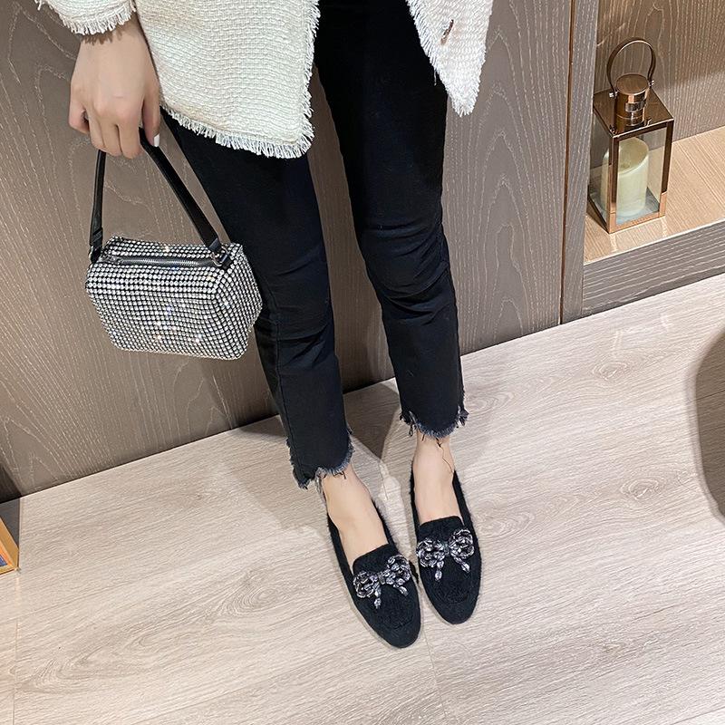 Fashion Crystal Bowknot Women fur flats winter warm plush cotton loafers female square toe beads strings mink fur moccasins big size 42