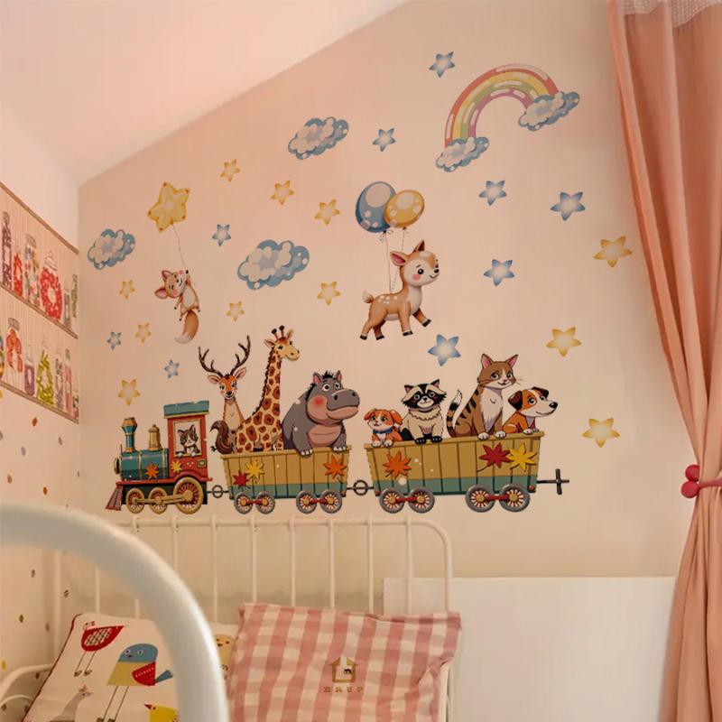 Kreslený zvířecí vlak Samolepka na zeď Odnímatelná PVC Dekorace na zeď Pro dětský pokoj Dětský pokoj Domácí dekorace