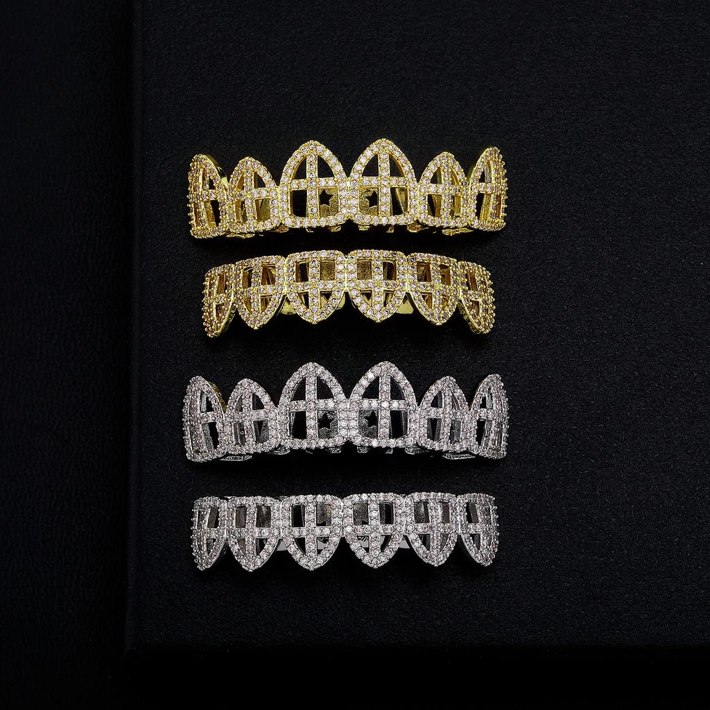 Hot Sale Hip Hop Bezel Setting Unisex Braces Gold Plated Hollow Cross Teeth Hollowed Decoration
