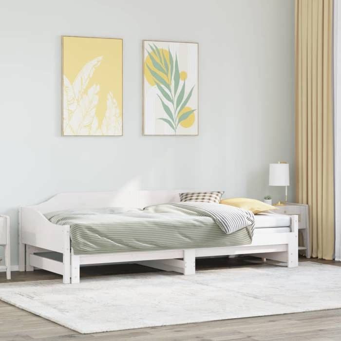 VidaXL Lit de jour avec lit gigogne blanc 90x190 cm bois de pin massif, canapé-lit, lit d'invité, lit de jour en bois, lit 850909