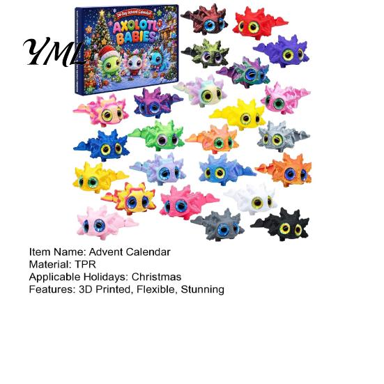TPR Animal Party Favors Axolotl Advent Calendar 2026, 3D Printed Jointed Flexible Toys, 24 Days Kids Holiday Gift Sets Christmas Countdown with