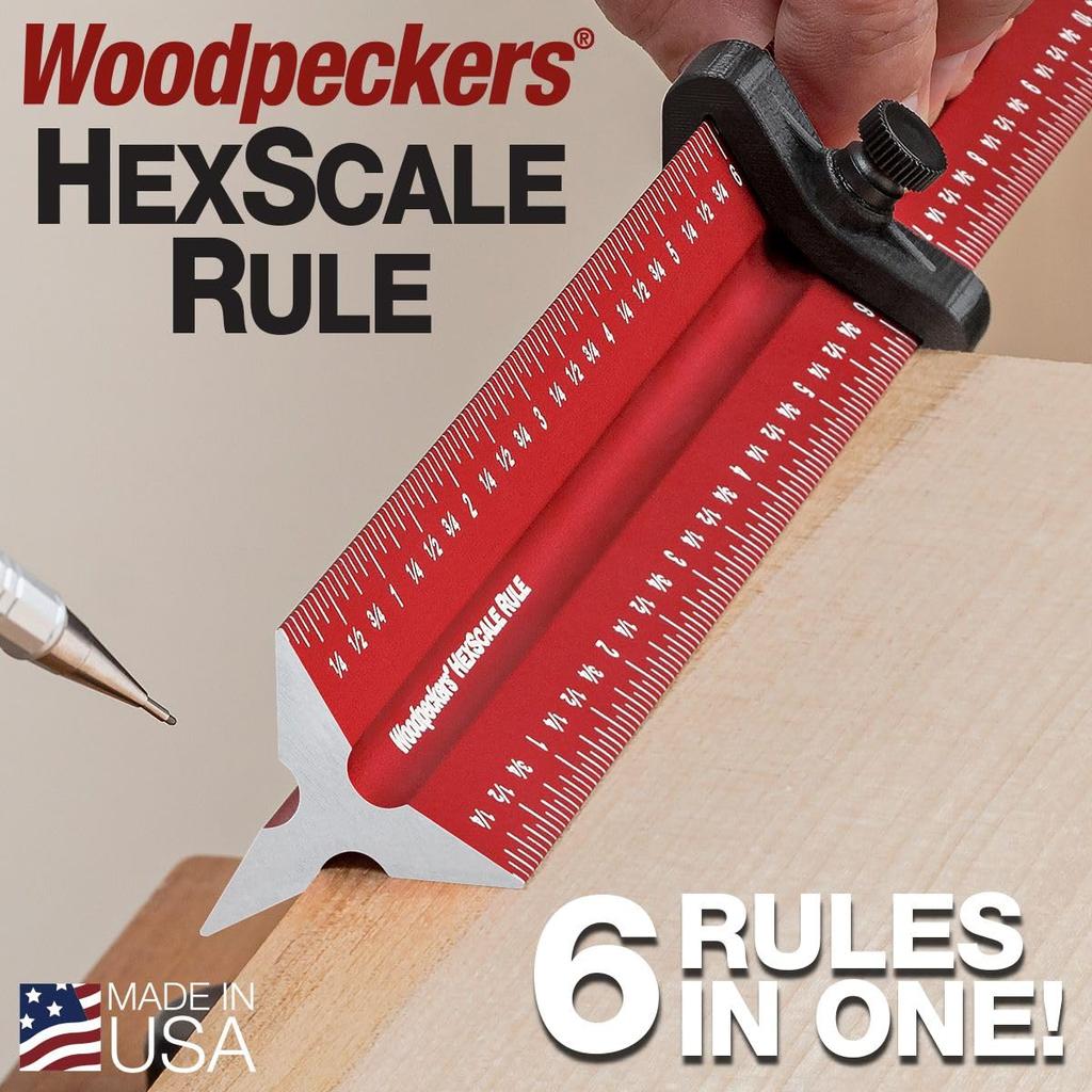 Woodpeckers Hexscale 600MM Woodworking Ruler with Centering R2L L2R Architect Style Rule, 24" / 6-in-1 Stops, Inch, Metric, Scale, & Measurements,
