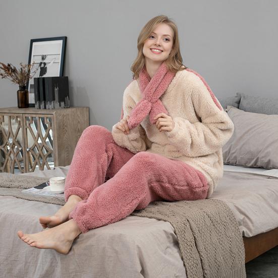 Fluffy Pajamas Set for Women Soft Fleece Pullover 2 Piece Pjs Loungewear with Scarf Winter Plush Warm Sleepwear Set