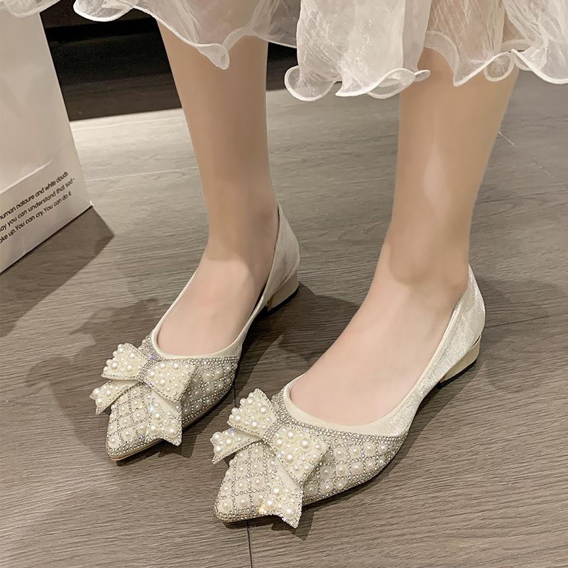 Fashion Women's Fashion Chunky Single Shoes Fall New Pointy Head Shallow Mouth Rhinrhino Butterfly Knot Low Top Shoes