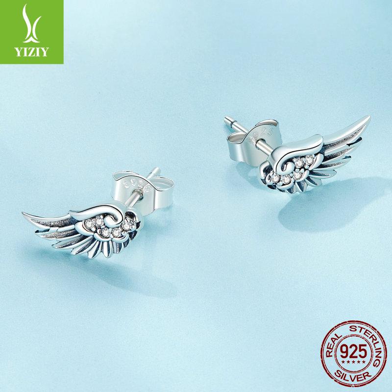 Silver Ziyun Original S925 Angel Wing Earrings with Inlaid Zircon - Unisex Retro Design.
