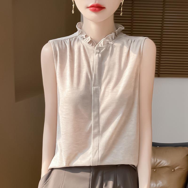 

2025 Summer Women s Sleeveless Slim Fit Ruffle Blouse with Round Neck and Hidden Button XXL