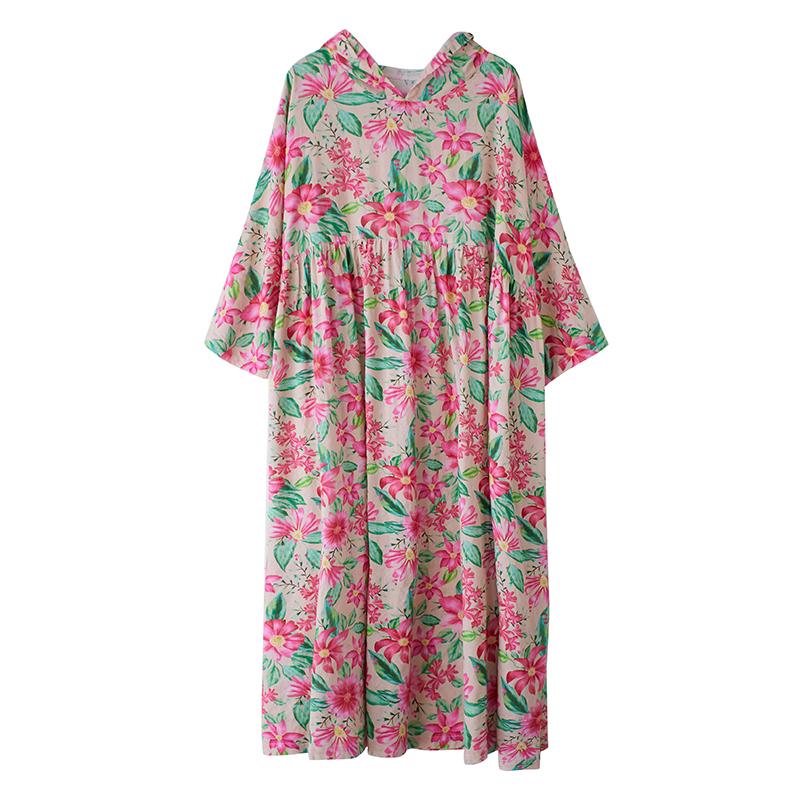 Dimanaf 2025 Summer Women Plus Size Basic Dress Hooded Pleated Casual Long Loose Vintage Floral Dress Maxi