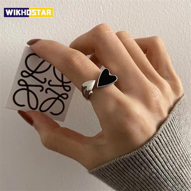 New Trendy Two-color Black Heart Rings For Women Minimalist Aesthetic Drop Of Oil Open Rings Female Metal Punk Party Jewelry
