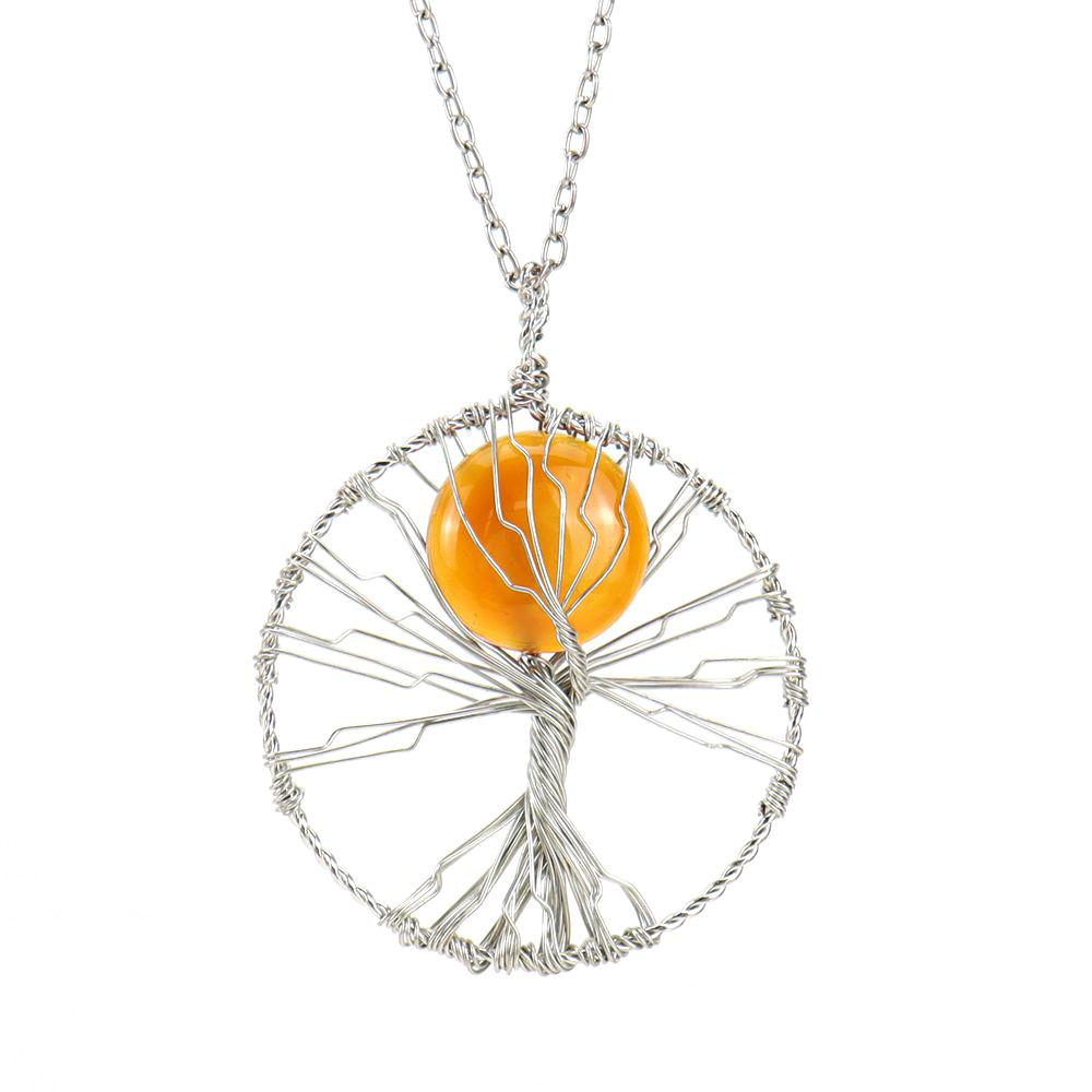 Hand-Wrapped Natural Crystal Agate Disc Tree Of Life Pendant Necklace N116