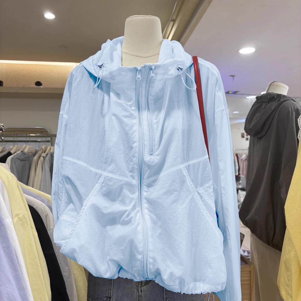 Lös Casual Sommar Ytterplagg Topp Lätt Solskydd Dubbel Dragkedja Polyesterfiber Lång Ärm Med Huvuva