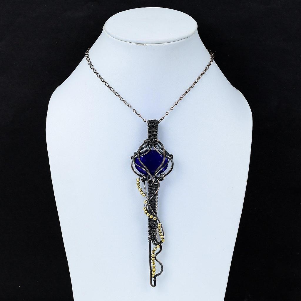 Faceted Blue Sapphire Pendant Copper Wire Wrapped Pendant Handmade Gemstone Pendant Wire Wrapped Jewelry Key Pendant Copper Jewelry For Gift