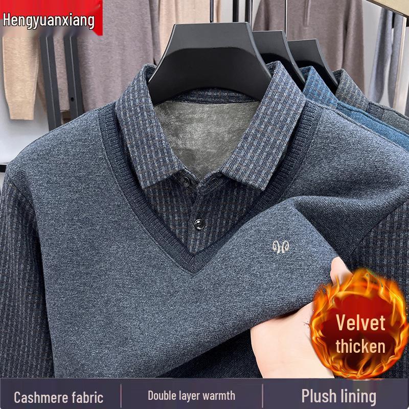 Hengyuanxiang Men's Pure Cashmere Two-Piece Look Thickened Winter Sweater