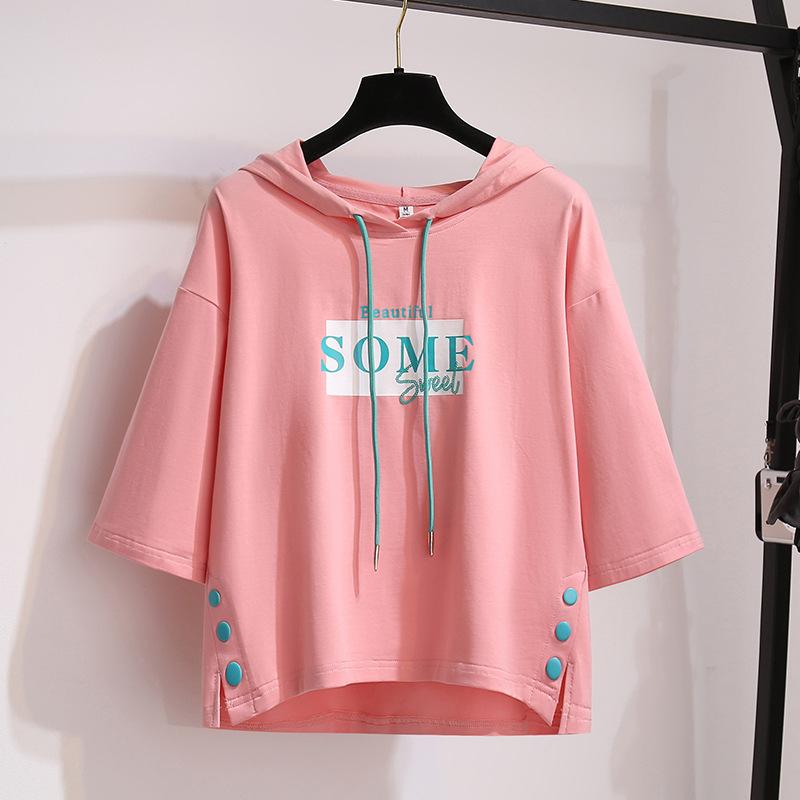 

Plus Size Printed Hooded Tops Short Sleeve T-shirt Large Blouse for Leisure Women M-XXL M розовый