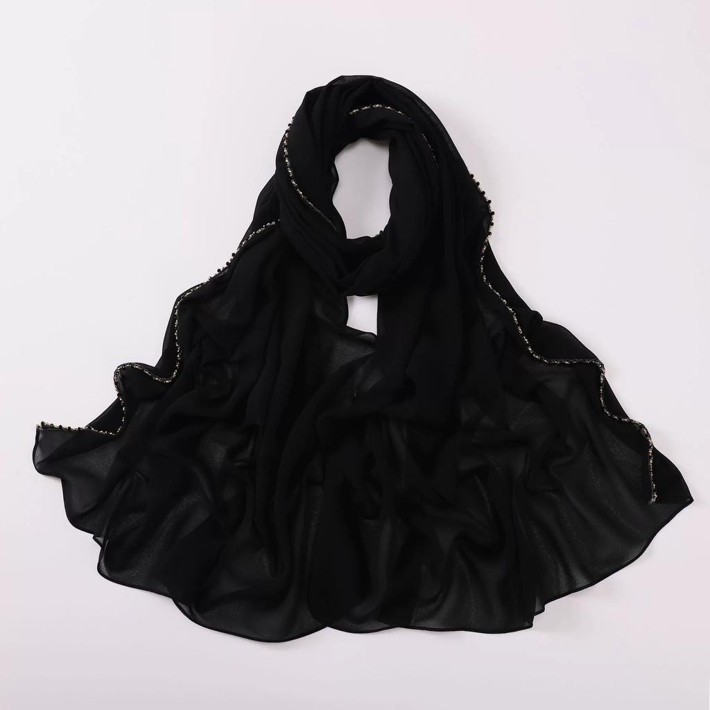 New Pearl Chiffon Hijab Scarf Copper Chain With Black Crystal Pearls Women Muslim Fashion Hijabs For Women Ramadan Turban Femme