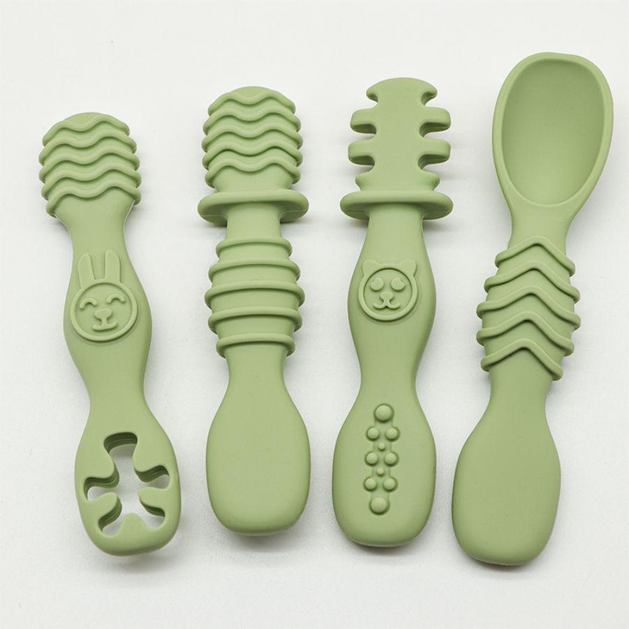 4 stuks siliconen babyvoedingslepel, oefenlepel voor baby's ouder dan 6 maanden, gemakkelijk vast te pakken servies, kerstcadeau beige