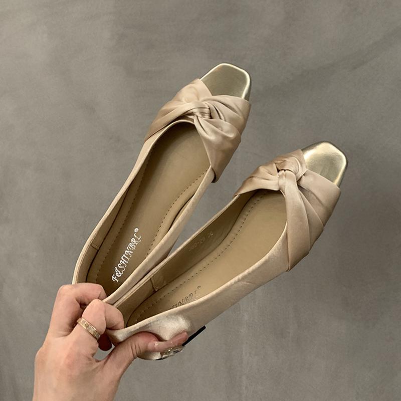 Fashion Elegant Silk Bowknot Flats Woman Gold Pointed Toe Ballets Office Ladies Dress Slip On Loafers Shallow Bridesmaide Wedding Shoes