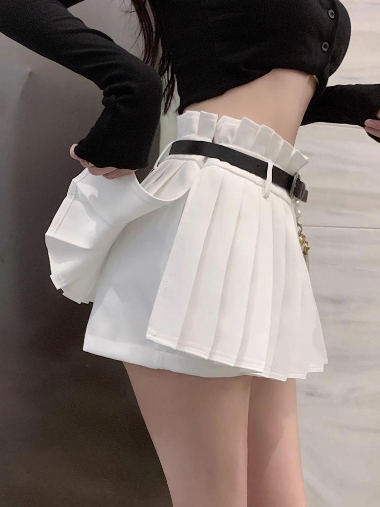 European & American Style Petite High-Waist Belted Pleated Skort for Spring To Autumn