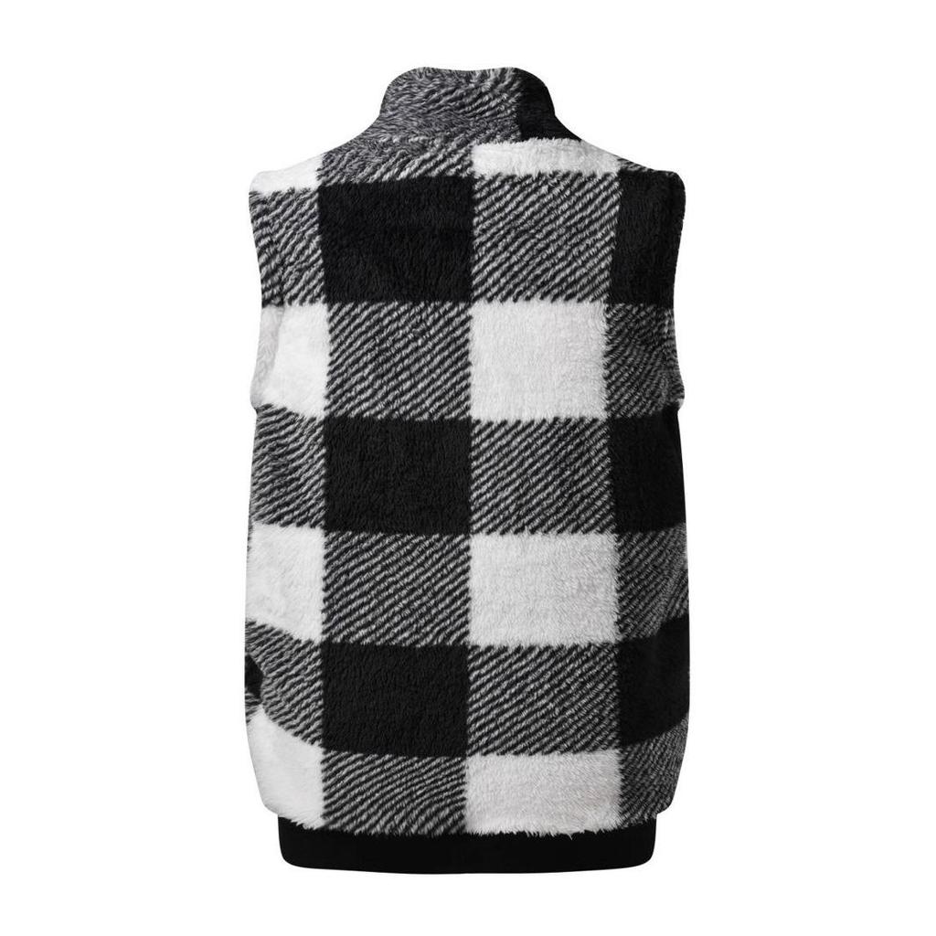 Women's 2025 Autumn/Winter Plaid Plush Sleeveless Cardigan with Stand-up Collar and Zipper