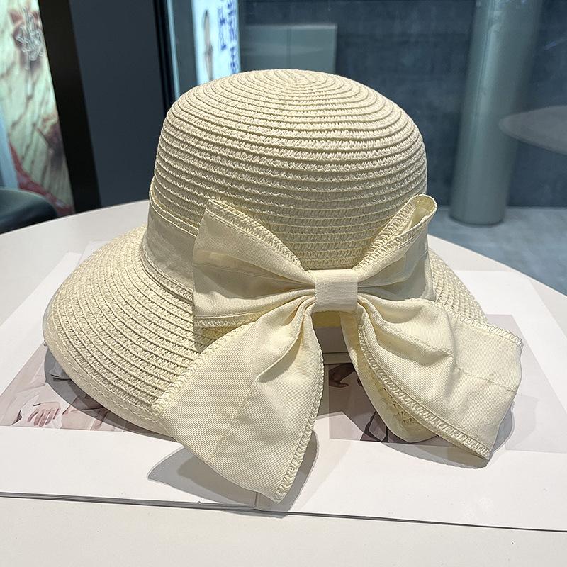 French Elegant Bow Straw Hat Fashion Versatile Sun Hat Women's Seaside Sun Hat Spring and Summer Big Eaves Sun Protection Hat