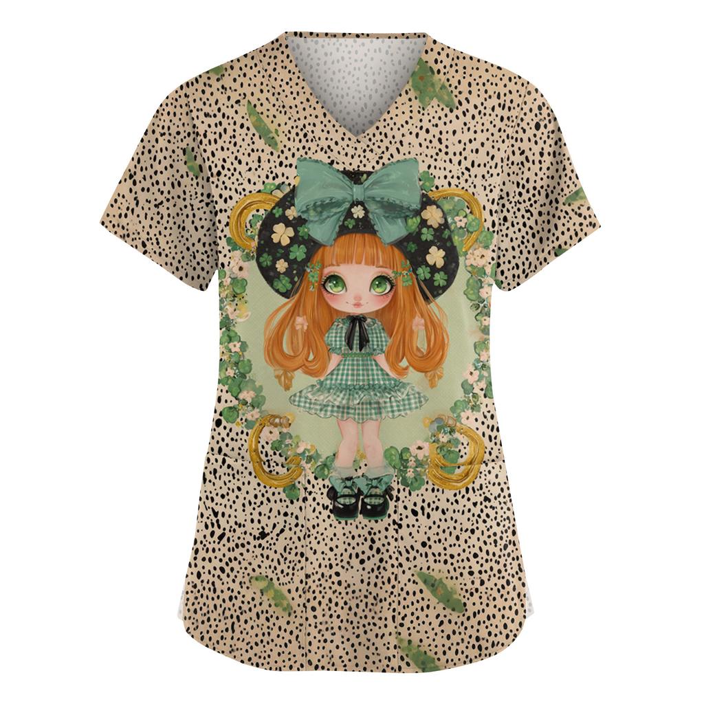 Women's Fashion V-Neck Short Sleeve Overalls With Pockets  Print Tops  Clothes