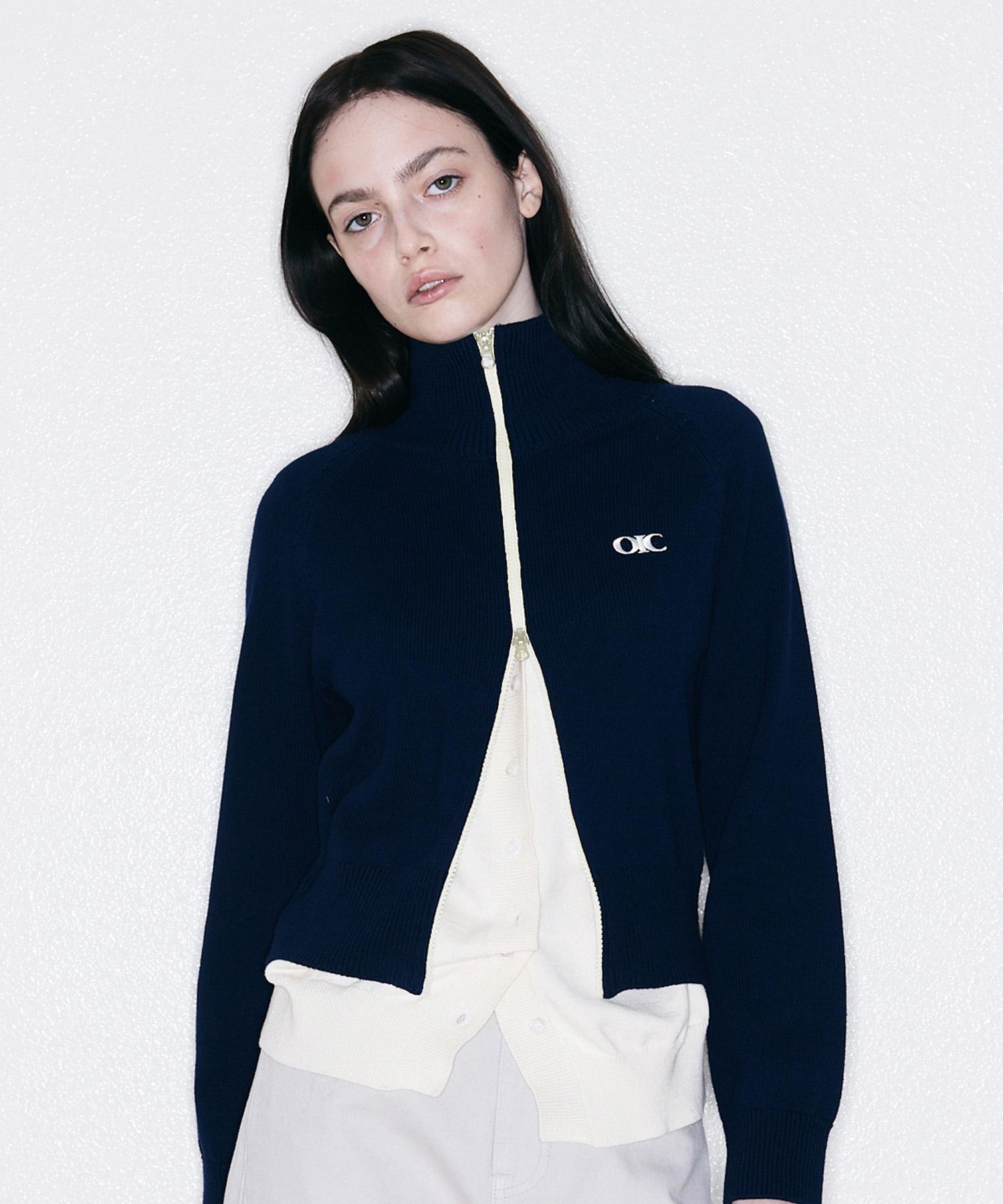 Oioi Collection Classic Embroidered Knit Zip-Up [Navy] Xs