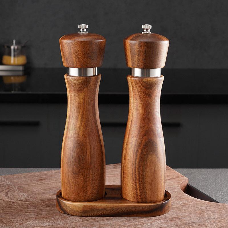 Acacia Wood Pepper and Sea Salt Grinder Set with Ceramic Core and Steel Ring