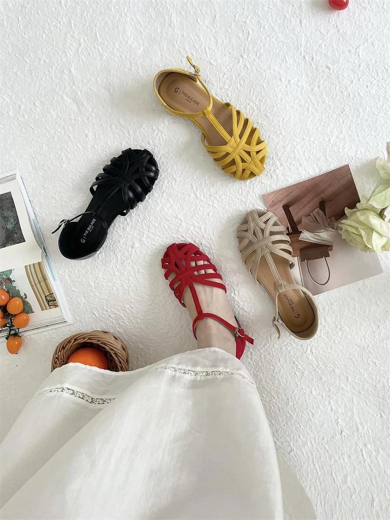 Fashion Women's Summer Hollow out Roman Buckle Sandals Flat Bottom Clog Shoes Rubber Sole Micro Fiber Upper Unisex Flats