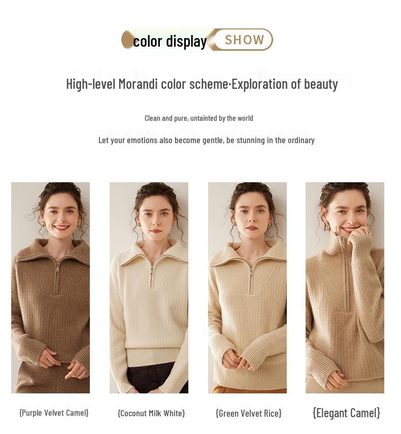 Women's High Neck Pure Cashmere Sweater, Half Zip, Loose Fit, Thickened Knit for Autumn/Winter Fashion.