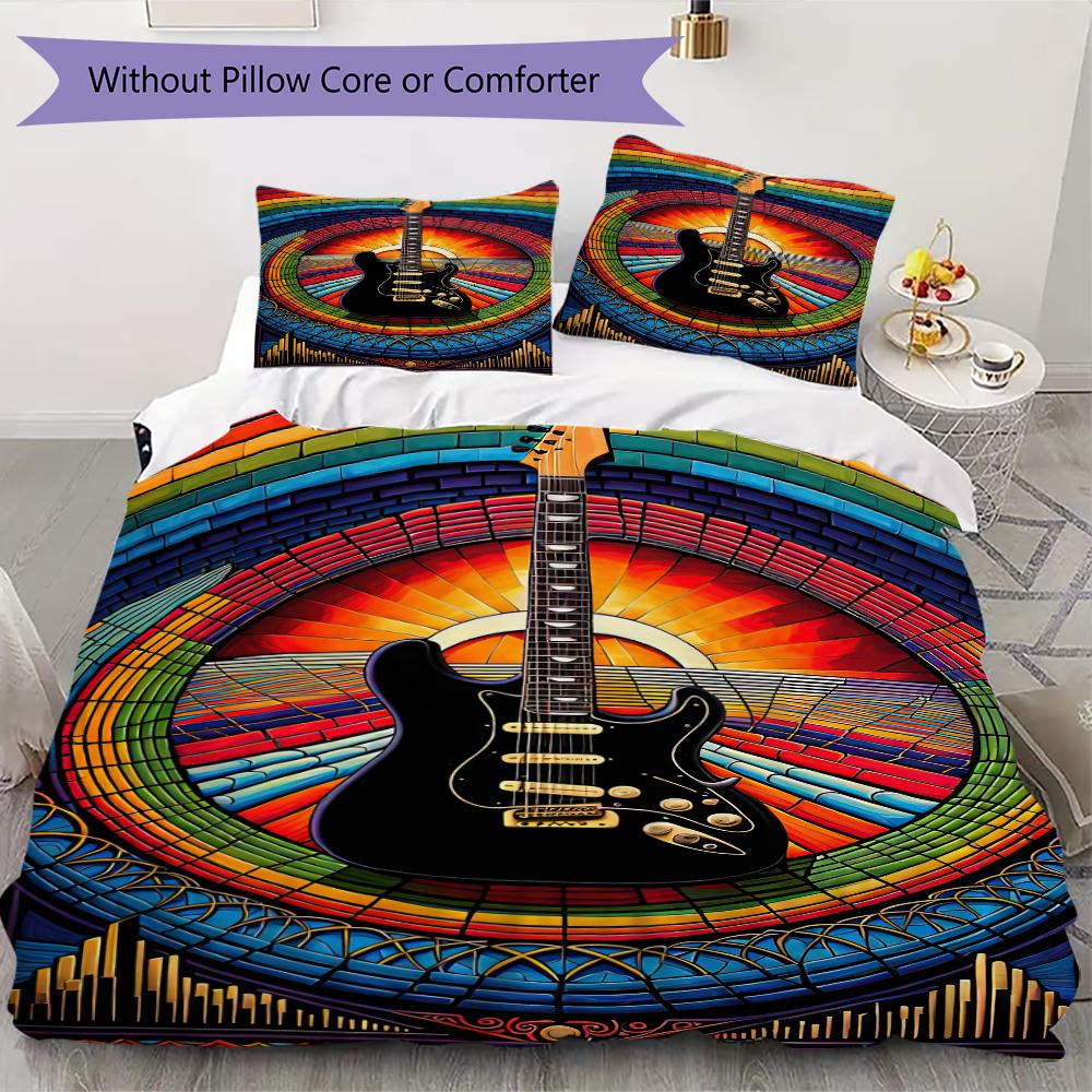 1PC Electric guitar Theme Bedding Quilt Set Quilt Cover Pillowcase Home Decoration Birthday Gift (1 * duvet cover + 2 * pillowcase, without core)A3