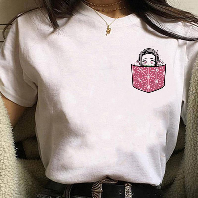 Kawaii Casual Anime Demon Slayer Kimetsu No Yaiba Graphics Female T-Shirt Summer Loose Blouse White Tees O-Neck Women Goth Tops