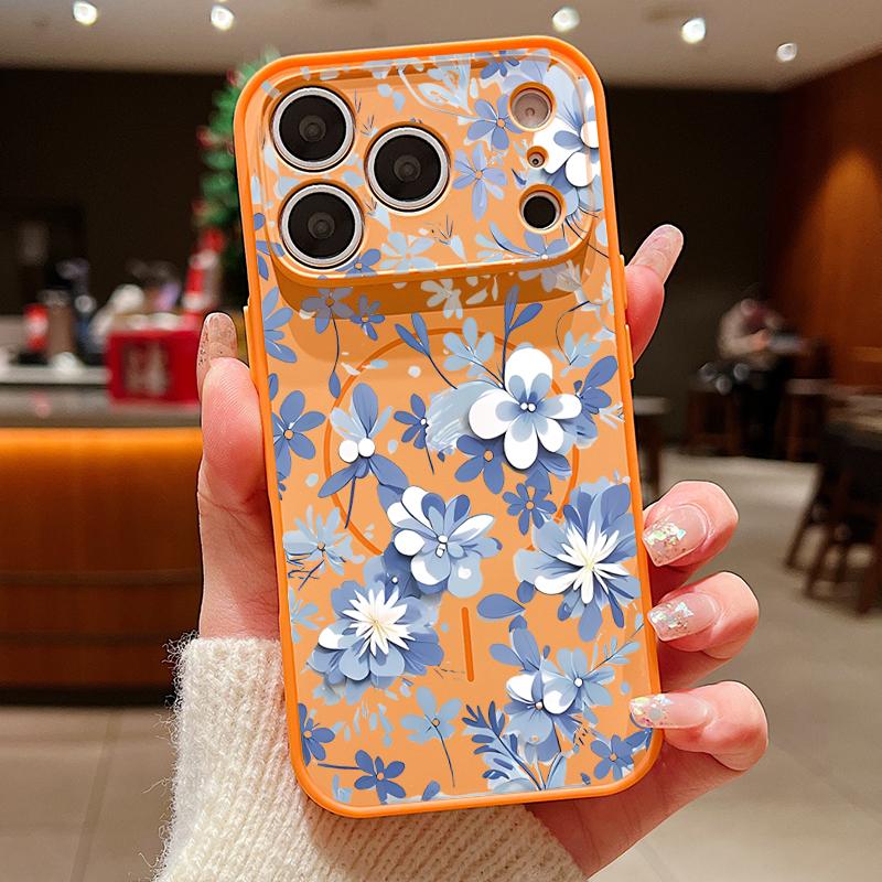 Magnetic For Magsafe Case For iPhone 17 Pro Max Blue and White Flowers Pattern Skin Feeling Cover For iPhone 16 15 14 13 Pro Max